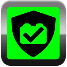 Green and black battery icon with a black checkmark in the center