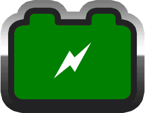 Green recharge icon with a bolt in the center of a battery