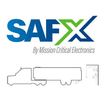 Blue. white and green Safx logo with a semitruck outline at the bottom